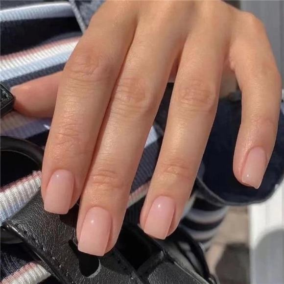 Foccna 24pcs Nude Press on Nails Fake Nails Square Glossy Short False Nail Tips